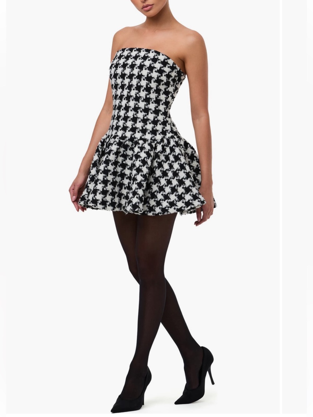 NWT NAKED WARDROBE Strapless Houndstooth Fit & Flare Mini Dress Black & White M